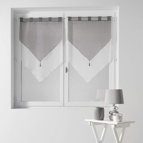 douceur d'intérieur, Paire de Voilages à passants (2 x 60 x 90 cm) Duo Blanc/Gris, Voile Bicolore (1/5)