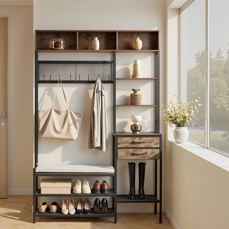 Mophorn Perchero de Pie de 180 cm con Ganchos, Banco para Zapatos, Cajones y Estantes de Almacenamiento, Ideal para Organizar Ropa en la Entrada, Pasillos, Dormitorio o Sala, Acabado Marrón Rústico (1/5)