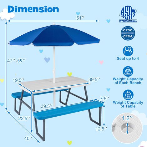 Parasol pliable avec sac de transport, table de pique-nique enfant avec bancs, pour repas et loisirs (1/5)