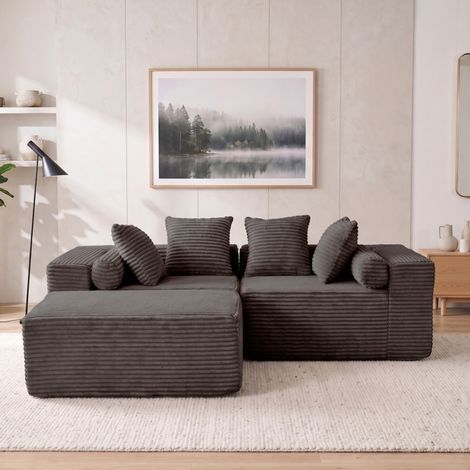 Sofá modular esquinero en L con chaise longue, tela chenilla negra, sin montaje, OKWISH (1/5)