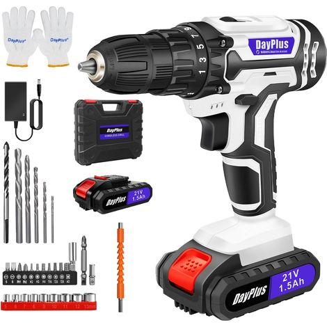 Perceuse électrique portative sans fil 21V 3/8 pouces, couple 25+1, lumière LED à deux vitesses, couple 45 nm, équipée de 26 forets (dont 2 batteries remplaçables de 1500 mAh), adaptée aux projets de