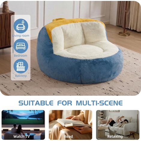 Fauteuil Poire Géant, Canapé XXL en Fausse Fourrure Multicolore Rempli de Mousse Déchiquetée, Lounger Moelleux pour Salon, Sans Montage, Bleu+Blanc+Jaune (1/5)