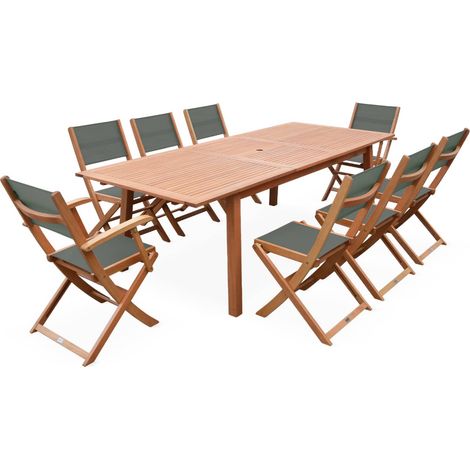 sweeek - Ausziehbarer Gartentisch aus Holz, 8 Stühle Holzfarben / Khaki
