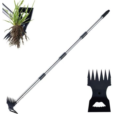 Outil arrache-mauvaises herbes à long manche – Houe et râteau à mauvaises herbes 2 en 1, outil de jardin pour jardins, pelouses et cours