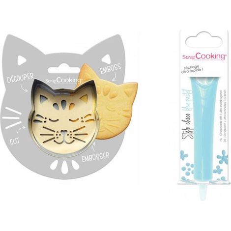 Kit pour biscuit en relief Chat + Stylo au chocolat bleu pastel