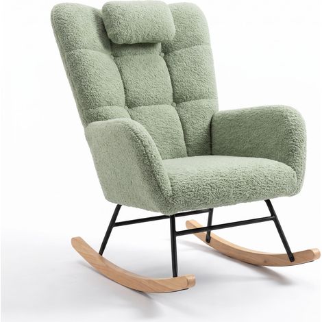 IDEALHOUSE Fauteuil à Bascule Dossier Haut Ergonomique Confort Tissu polaire ultra-doux, mousse haute densité, base bois massif - Light green (1/5)