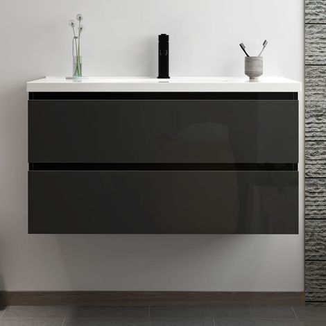 Acezanble – Ensemble de meubles de salle de bain 100cm noir brillant – 2 tiroirs à fermeture automatique – Lavabo céramique – Montage facile
