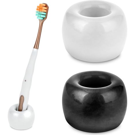 Lot de 2 mini porte-brosses à dents en céramique faits à la main - Pour salle de bain, lavabo, comptoirs de travail (blanc + noir) (1/5)