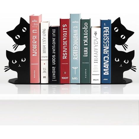 Lot de 2 serre-livres chats noirs - Serre-livres en métal - Organisateur d'étagère - Étagère décorative - Pour ranger livres et CD - Idéal pour chambre, bureau, salon, magasin, café - Cadeau pour les (1/5)