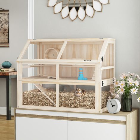Gabbia per criceti in legno, 3 livelli, gabbia per roditori, gabbia per piccoli animali con altalena, ruota per esercizi e casetta, 95 x 53 x 76 cm, legno naturale (1/5)