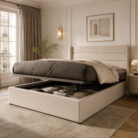 Lit double rembourré 160x200, Cadre avec Étagères de Rangement, cadre de lit avec tête de lit, lit capitonné, Lit coffre et sommier à lattes, lin, Beige, MDF, sans matelas (1/5)