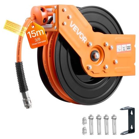 Carrete de Manguera de Aire Retráctil 15 m x 9,5 mm, Manguera para Compresor de Aire Presión Máxima de 300 PSI, con Entrada de 1 m, Montaje en Techo o Pared Giratorio de 180° para Talleres (1/5)