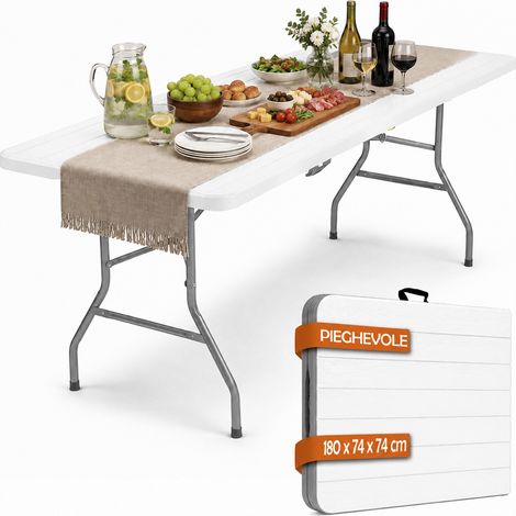 Tavolo Pieghevole Bianco Effetto Legno Resistente Tavolino Esterno 180x74x74cm (1/5)