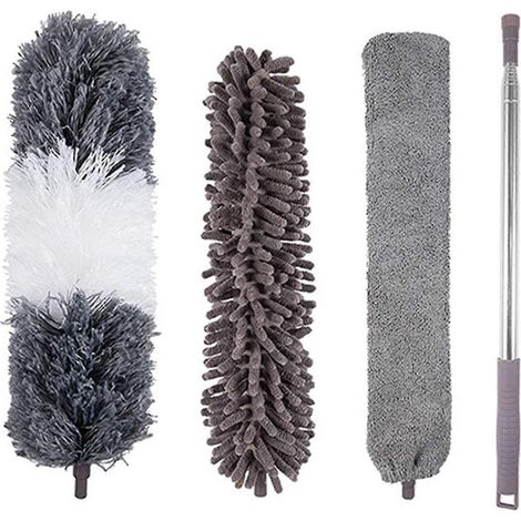 Lot de 4 plumeaux en microfibre avec manche extensible en acier inoxydable, flexibles et légers, pour le nettoyage des stores et ventilateurs de plafond. (1/4)