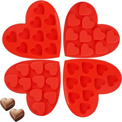 Set di 4 stampi in silicone a forma di cuore, antiaderenti, per la cucina, ideali per preparare torte, caramelle, gomme da masticare e gelatine - Rosso (1/5)