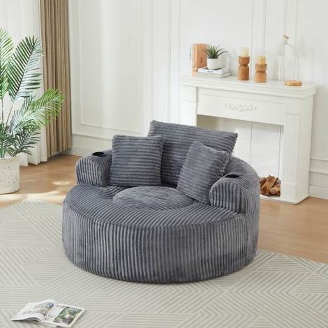 Fauteuil lounge rond 142 x 142 x 85 cm avec 3 coussins, 2 porte-gobelets et rangement latéral antidérapant, velours côtelé, Gris (1/5)