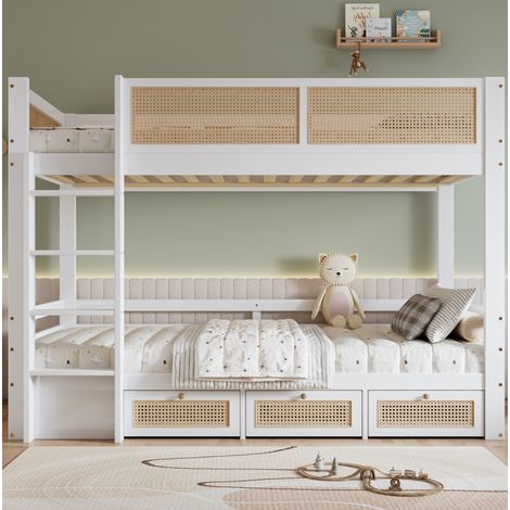 Lit superposé enfant blanc et naturel 90x200 cm en bois massif et MDF, avec 3 tiroirs, échelle et barrières de sécurité (1/5)