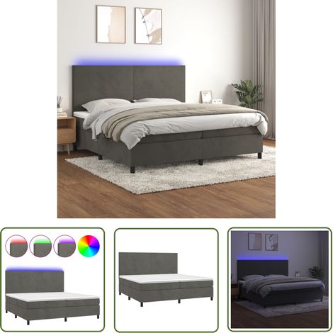 The Living Store Sommier à lattes de lit avec matelas LED Gris foncé 200x200 cm - Lit Plateforme - Lit Capitonné - Lit Design - Lit Velours - Lit Avec Rangement (1/5)