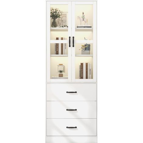 CHICFURN Vitrine LED blanche 2 portes en verre avec 3 tiroirs, 2 étagères réglables, meuble de rangement et d’exposition en MDF, 60 x 40 x 200 cm (1/5)