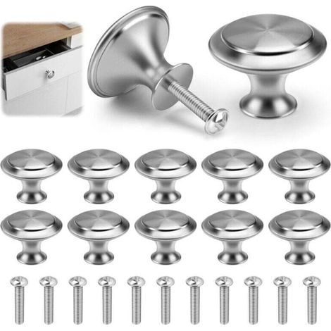 Ensemble de 12 boutons de meuble, boutons ronds de 30 mm en acier inoxydable pour tiroirs et portes avec vis pour cuisines modernes, poignées de meubles en forme de champignon (argent) (1/4)