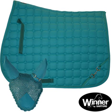 Full, Blu: Set cuffia e sottosella inglese rettangolare Winner Bit con decoro morsetti e cordone passamaneria