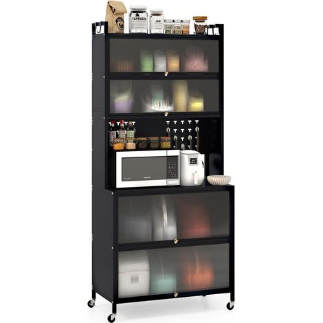 COSTWAY 6-Tier Kitchen Pantry Cabinet Buffet Cabinet with Hutch & Hooks-Black