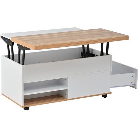 ELVMI Couchtisch höhenverstellbar mit 1 Schublade, 1 Tür, 2 Fächern und Rollen für Wohnzimmer, 100 × 98 × 65 cm, Weiß (1/5)