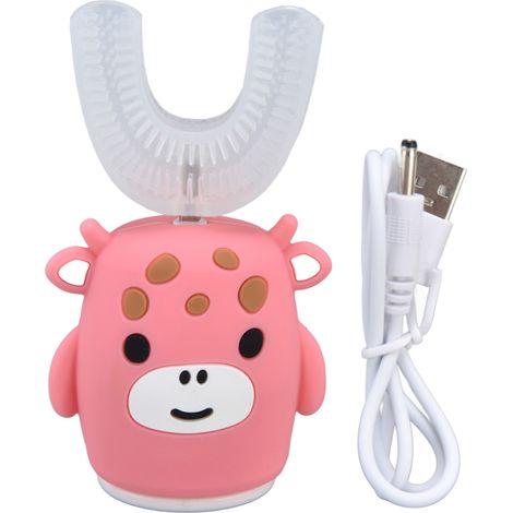 Brosse à Dents Électrique 360° en Forme de U pour Enfants - Rose Cartoon - Nettoyage Complet de la Bouche