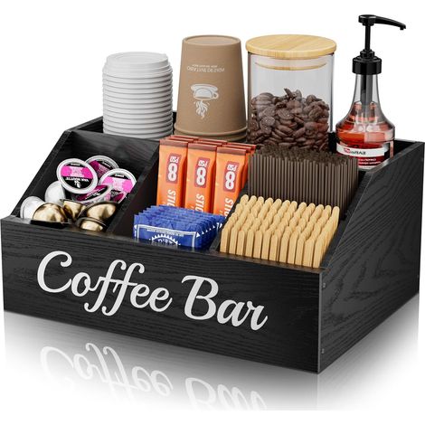 Boîte de rangement de comptoir – un support de rangement en bois pour coin café avec séparateurs, adapté aux cuisines, bureaux, bars ou espaces thé. (1/5)