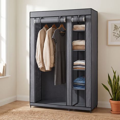 Armoire mobile en tissu avec tringle et 5 compartiments de rangement, grise (1/5)