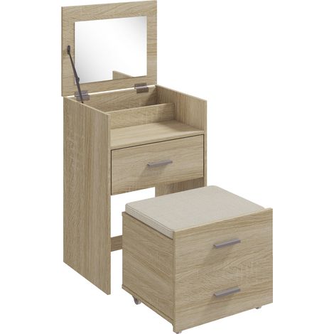 Tavolo Trucco Toeletta 50x40x113,5 cm con Specchio a Ribalta e Sgabello a Scomparsa in Legno Naturale (1/5)