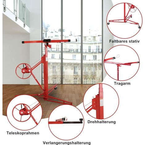 Lève-plaque pliable XXL 140 à 350 cm Hauteur de travail réglable pour plaques de plâtre Charge maximale 68 kg Largeur du bras de charge maximale 290 cm (1/5)