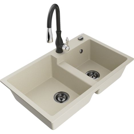 Mexen Tomas 2-Becken-Granitspüle mit Mischbatterie Savita, Beige - 6516-69-672601-70 (1/5)