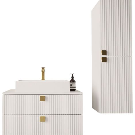 Mobilier1 – Ensemble de meubles de salle de bain blanc – Armoire suspendue 1200x350x350mm – Meuble-lavabo 420x800x460mm – Stratifié et MDF
