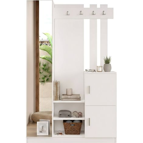 Mueble de Entrada Fernand, 16-18 Pares, 2 Estantes, Perchero, 114x35x180h cm Blanco