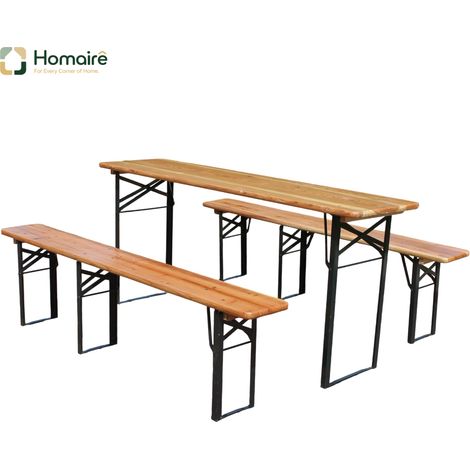 HOMAIRE Garniture de tente à bière pliable 177 cm, 3 pièces : 1 table pliante + 2 bancs à bière, pin massif résistant aux intempéries, espace-saving