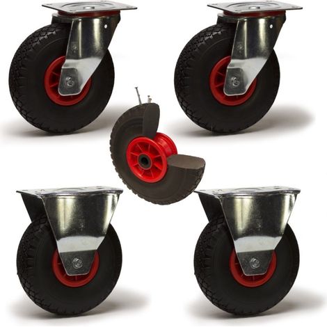 Lot de 4 roulettes pivotantes et fixes pneumatique increvable - 225 Kg (1/3)