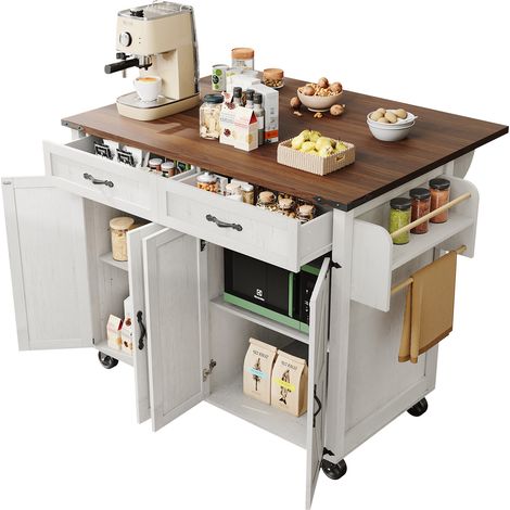 Carro de Cocina con 2 Cajones, 2 Armarios, Encimera Abatible y Toallero, en MDF, Blanco (1/5)