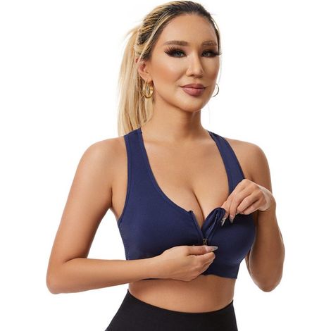 Soutien-gorge de sport femme avec fermeture éclair sur le devant - Sans armatures, en maille respirante et dos nageur - Yoga, fitness et course à pied - Bleu marine - XXL (1/5)