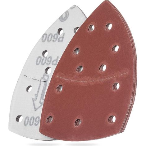 Papier de verre 10 feuilles, papier de verre triangulaire, avec Velcro, 11 trous, accessoire de ponceuse multifonctionnel, rouge (grain 600). (1/5)