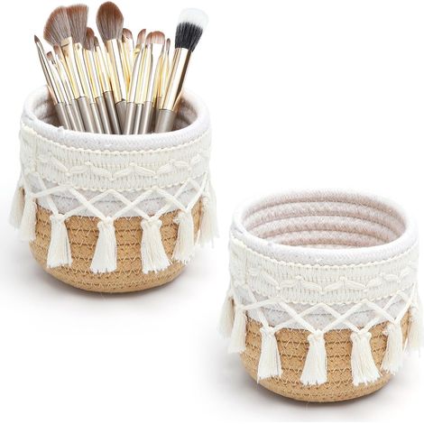 Paniers Boho en Coton 10x10 cm Organisateur de Maquillage et Rangement Pinceaux Panier Tressé Décoratif pour Coiffeuse Salle de Bain Bureau Porte-Stylo et Accessoires de Maquillage avec 15 pinceaux (1/5)
