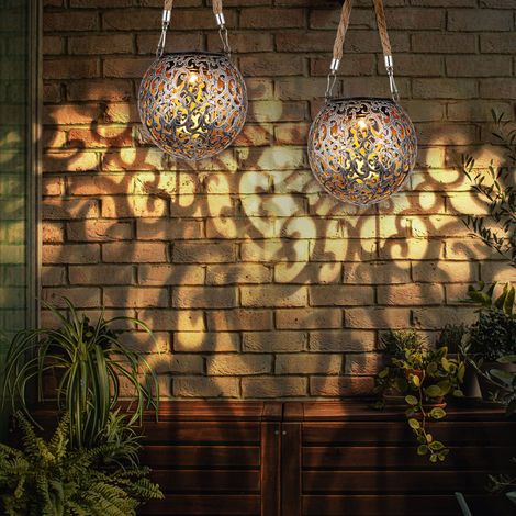 Solarlampe Hängeleuchte Gartendeko LED Garten rund Außenleuchte Tisch Pendellampe im Kugeldesign, Metall kupfer silber, 1x LED, DxH 12x26 cm, 2er Set