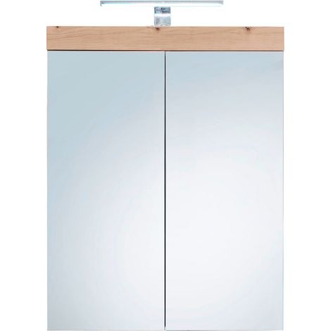 AmandaMando Bad Spiegelschrank 2 Türen einschl. Licht hell Eiche Dekor, Spiegelglas.