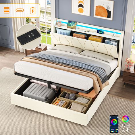 4ft6 Double Upholstered Bed Frame with Hydraulic Storage, LED Headboard with Charging Station and Concealed Headboard Storage, USB and Type - C Ports, Linen, No Box Spring Needed, Beige (No Mattress) (1/5)
