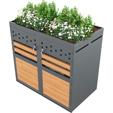 Lot de 2 abris poubelle 120 à 240 L en métal galvanisé gris anthracite, portes aspect bois clair, toit jardinière, verrouillables et extensibles CHICFURN (1/5)