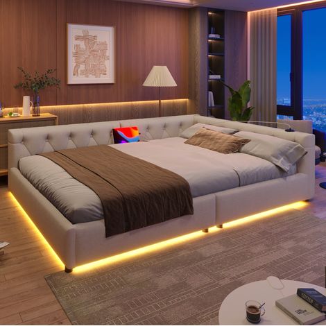 MEUBLIV Letto 140x200 cm beige con testiera capitonné e LED, senza materasso (1/5)