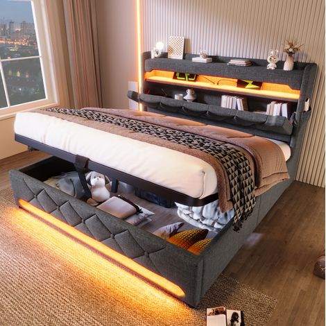 Lit double 180x200 cm en lin gris avec tête de lit de rangement, USB et LED, structure en fer (1/5)