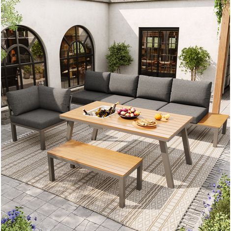 Ensemble de jardin en métal 6 places gris avec table et seau à glace intégré (1/5)