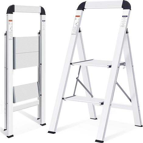 Escabeau 2 marches Aluminium, Pliant avec Main Courante, ménager antidérapant avec sécurité Pliante, en Aluminium, Charge maximale 150 kg, 3 marches argenté (1/5)