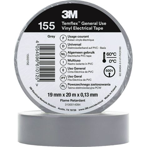 Ruban isolant 3M Temflex 155 en Vinyle Gris 20m x 19mm x 0.13mm ( Prix pour 1 )